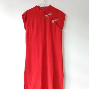 Vintage Red Cheongsam Dress Qipao 39"B 40"W Handmade Lined